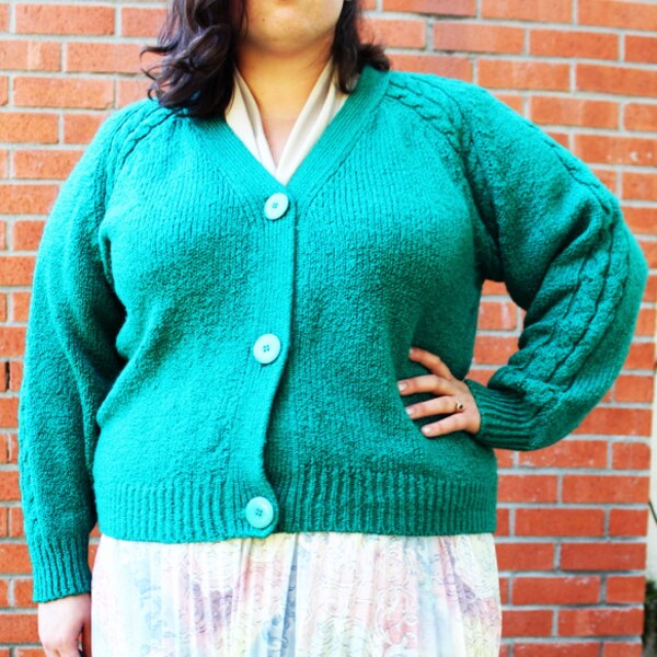 Plus Size - Vintage Chunky Jade Cable Knit Cardigan (Size 22W)