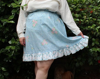 Plus Size - Vintage Floral Paper-Bag Waist Ruffle Hem Skirt (Size 14/16)