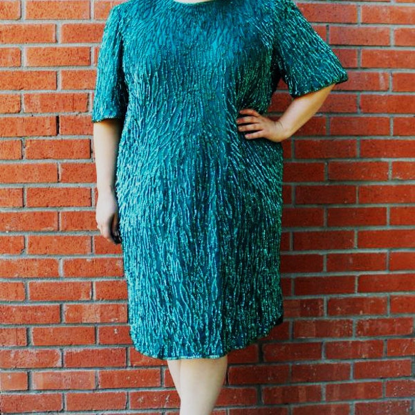 Plus Size - Vintage Turquoise Ornate Sequin & Silk Sheath Dress (Size 4X)