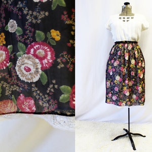 Plus Size - Vintage 1960s Black Floral Chiffon Lace Trim Skirt (Size 13/14)