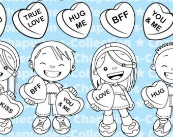 Candy Hearts Boys and Girls Clipart in Black and White Set 252
