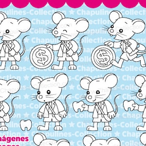 Clipart Ratoncito de los Dientes en Blanco y Negro, Ratoncito Pérez, imágenes PNG, Set 155