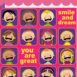 Puede incluir: Un paquete de papel digital con un patrón sin costuras de niños de dibujos animados sonrientes. El patrón presenta el texto "smile and dream" y "you are great". El paquete incluye 3 archivos JPG a 300 ppi y mide 30 cm por 30 cm.