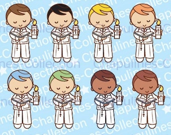 May include: Set of 19 digital illustrations of boys in white suits holding candles and prayer books. The boys have different hair colors and skin tones. The illustrations are on a blue background with white stars. The text "First Communion Boys Set 246" and "Chapulines-Collection" is at the bottom of the image.