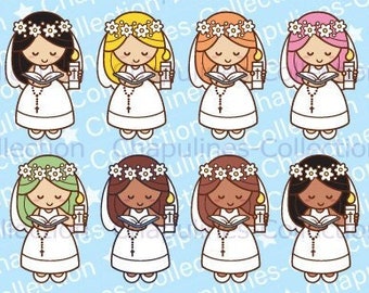 May include: Set of 19 digital illustrations of girls in white dresses and floral crowns holding a book and a candle. The girls have different hair colors and skin tones. The illustrations are in a cartoon style and are perfect for use in scrapbooking, card making, and other craft projects.
