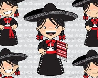 Clipart girls with charro suit, gala mexican suit girls illustrations, mexican traditional costumes, black hair set 235