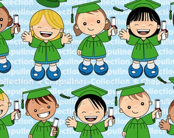 Graduation clip art, green gown, school clipart, school illustrations, kindergarten images, cap and gown images Set 232