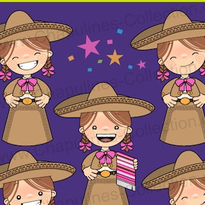 以下が含まれることがあります： 伝統的なメキシコ衣装を着た女の子のイラストが5つあります。女の子たちは茶色のソンブレロ、ピンクのリボンが付いた茶色のドレス、茶色のベルトを着用しています。女の子たちは笑顔で、茶色の髪にピンクのリボンをしています。背景は紫で、ピンクとブルーの紙吹雪と星が散りばめられています。