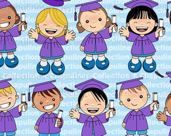 Digital Clipart Graduation Kids illustrations, purple gown and cap, school clipart, kindergarten illustrations set 233
