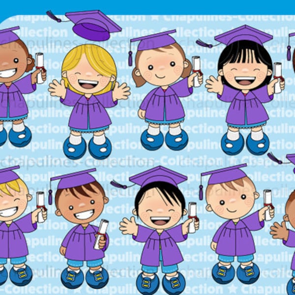 Digital Clipart Graduation Kids illustrations, purple gown and cap, school clipart, kindergarten illustrations set 233