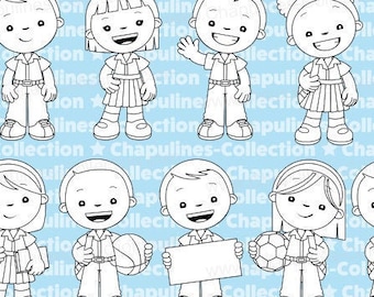 School kids clipart, black and white, Set 200