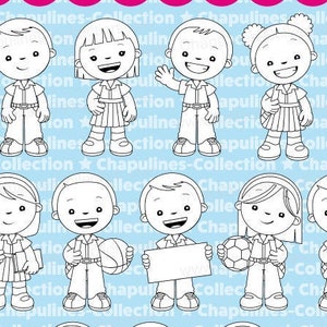 Clipart Niños con uniforme, en blanco y negro, Set 200