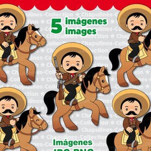 May include: Five digital illustrations of a cartoon man wearing a sombrero and riding a brown horse. The man is holding a rifle and has a mustache. The text "5 imágenes images" is at the top of the image. The text "Imágenes JPG-PNG images" is in the middle of the image. The text "Emiliano Zapata Set 211" is below the images. The text "Chapulines-Collection" is at the bottom of the image.
