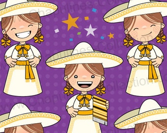 Clipart de niñas con traje charro blanco y dorado, charra, traje típico, Independencia, Revolución Mexicana, 5 de Mayo 083