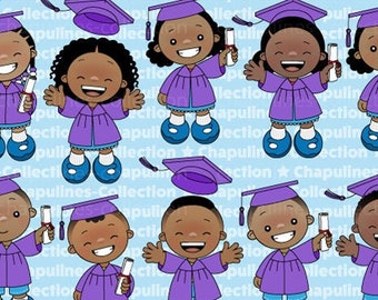 Digital Clipart Graduation Kids illustrations, purple gown and cap, school clipart, kindergarten illustrations set 234