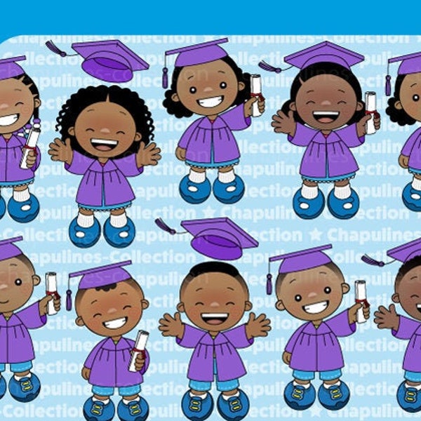 Digital Clipart Graduation Kids illustrations, purple gown and cap, school clipart, kindergarten illustrations set 234