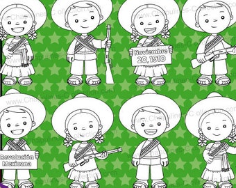 Mexican Revolution Day Clipart, black and white, adelitas, Mexico clipart, coloring pages, illustrations November 20th 1910, Set 113