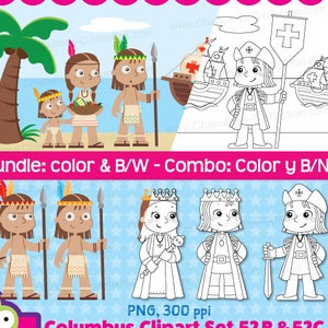 Columbus Clipart Bundle, Color and Black and white, The Discovery of America, Columbus day Set 052B and 052C