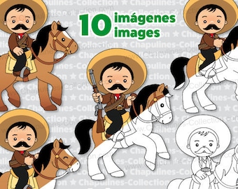 Emiliano Zapata riding a horse clipart, color and black/white bundle, Mexican Revolution, November 20th, 1910, Set 211-212