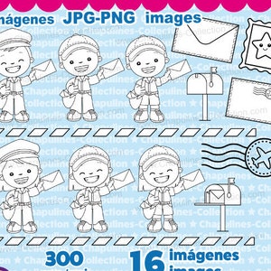 Clipart Cartero, correo, blanco y negro, Set 214