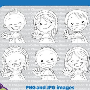 Puede incluir: Ilustraciones en blanco y negro de seis niños con diferentes peinados y expresiones. Cada niño levanta un número diferente de dedos. Las ilustraciones forman parte de un conjunto de imágenes en blanco y negro para los números. El texto "Numbers B/W Set 251" está en la parte inferior de la imagen.