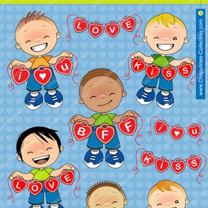 Clipart Niños amor, ilustraciones niños felices amistad, banner corazones 013