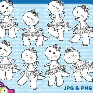 Dinosaur Ballerina Clipart black and white, Ballet illustrations Dinosaur with tutu images Set 238