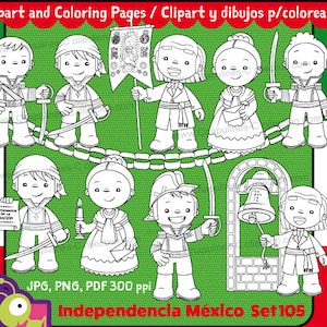 Mexikanische Unabhängigkeit Clipart Schwarz weiß, Helden, Malseiten, Mexiko, Clipart Kinder, Schulillustrationen, Fiesta, Set 105