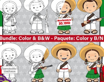 Mexican Revolution Day Clipart Bundle, Color and Black/White, adelitas, Mexico clipart, Set 112-113