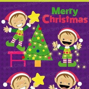 May include: Four cartoon elves dressed in green and red, with pointy hats, are decorating a Christmas tree with lights. The elves are smiling and holding strings of lights. The background is a purple color with white stars. The text "Merry Christmas" is written in red letters at the top of the image. The text "Chapulines Collection" is written in the bottom right corner of the image.