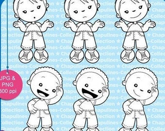 Digital Clipart Kids Expressions, black and white Set 237