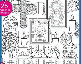 Clipart Altar for the Dead, black and white, Altar de Muertos, Day of the Dead, Día de Muertos, PNG images, Set 170