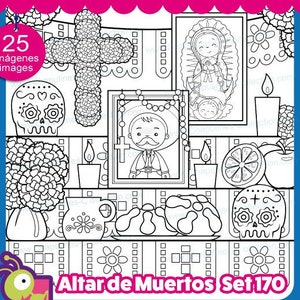 Clipart de Altar de Muertos en blanco y negro, Día de Muertos, imágenes PNG, Set 170
