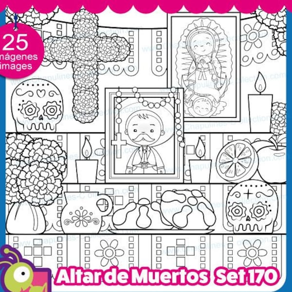 Clipart Altar for the Dead, black and white, Altar de Muertos, Day of the Dead, Día de Muertos, PNG images, Set 170