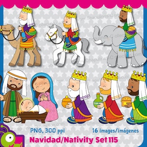 Clipart, Natale, Giuseppe, Maria, Gesù Bambino, tre saggi, camod cammello, cavallo ed elefante, tre magi, tre re Set 115