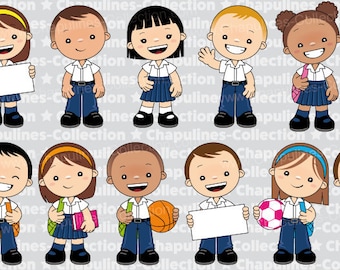 School kids clipart with white and blue uniform, Set 193