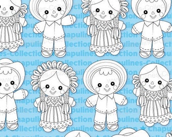 Mexican Maria rag dolls clipart, black and white Set 199