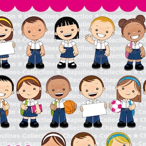 School kinderen clipart met wit en blauw uniform, set 193