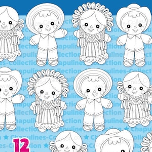 Poupées mexicaines Maria rag clipart, noir et blanc Set 199