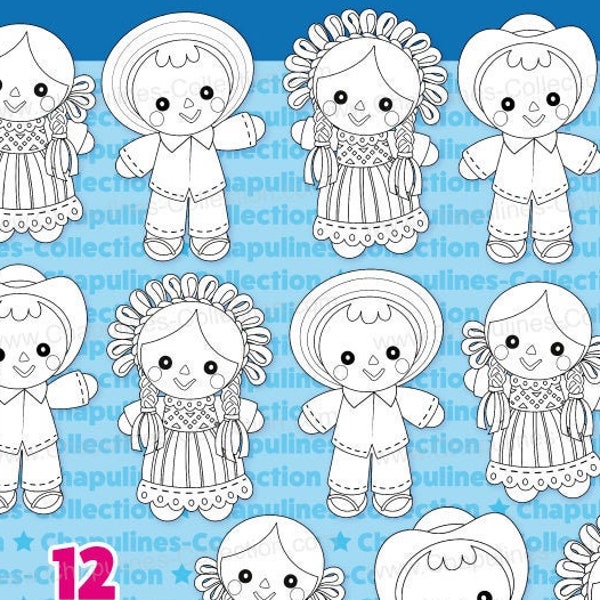 Mexican Maria rag dolls clipart, black and white Set 199