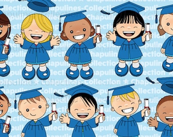 Digital Clipart Graduation Kids illustrations, blue gown and cap, school clipart, kindergarten illustrations set 035
