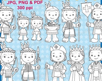 Clipart Descubrimiento de America en blanco y negro, Cristobal Colón, JPG, PNG, dibujos para colorear en PDF Set 108