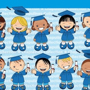 Digital Clipart Graduation Kids illustrations, blue gown and cap, school clipart, kindergarten illustrations set 035