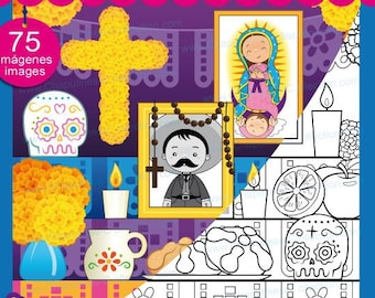 死者のための祭壇のクリップアート バンドル、死者の祭壇、カラーと白黒のバンドル、死者の日、ディア・デ・ムエルトス、PNG 画像、セット 171