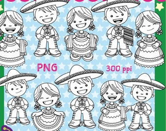 Mexican Outfits Clipart China Poblana and Charro, black and white, Mexico clipart kids, fiesta, 5 de Mayo set 138