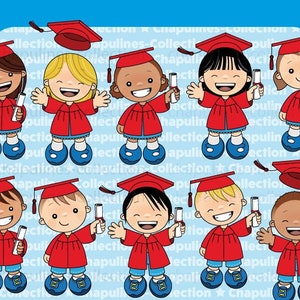 Clip-art de formatura, vestido vermelho, clipart escolar, ilustrações escolares, imagens do jardim de infância, imagens de boné e vestido Conjunto 179