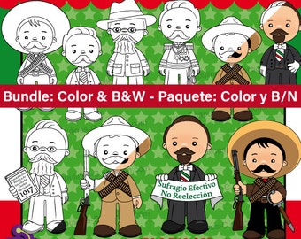 Mexican Revolution Day Clipart Bundle Color and Black/White, and Coloring Pages, México clipart, school clipart, Set 110 and 111