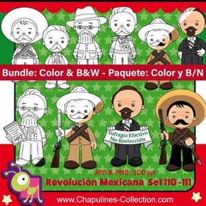 Mexican Revolution Day Clipart Bundle Couleur et Noir / Blanc, et pages à colorier, clipart México, clipart scolaire, Set 110 et 111