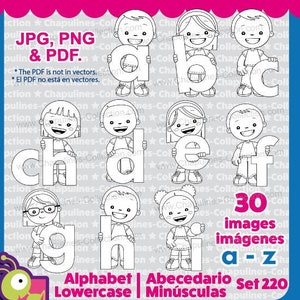 Alphabet Clipart, lowercase, black and white, from A to Z, JPG. PNG images and PDF, Set 220