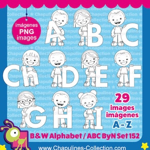 Alphabet Clip Art black and white, from A to Z, PNG images, digital stamps, Set 152
